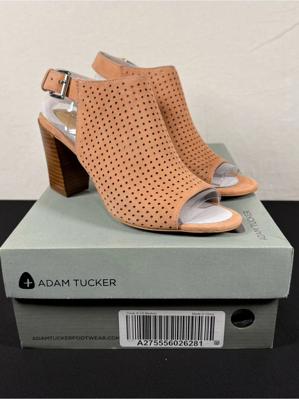 Adam Tucker Me Too Meridia Perforated Coral Suede Peep Toe Sandals NIB Size 6.5